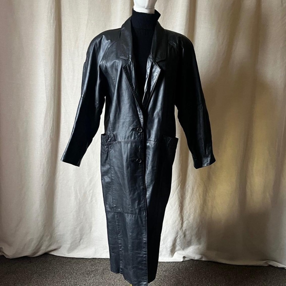 Vintage Pelle Black Leather Trench Coat S/M Oversized Long Jacket 90s